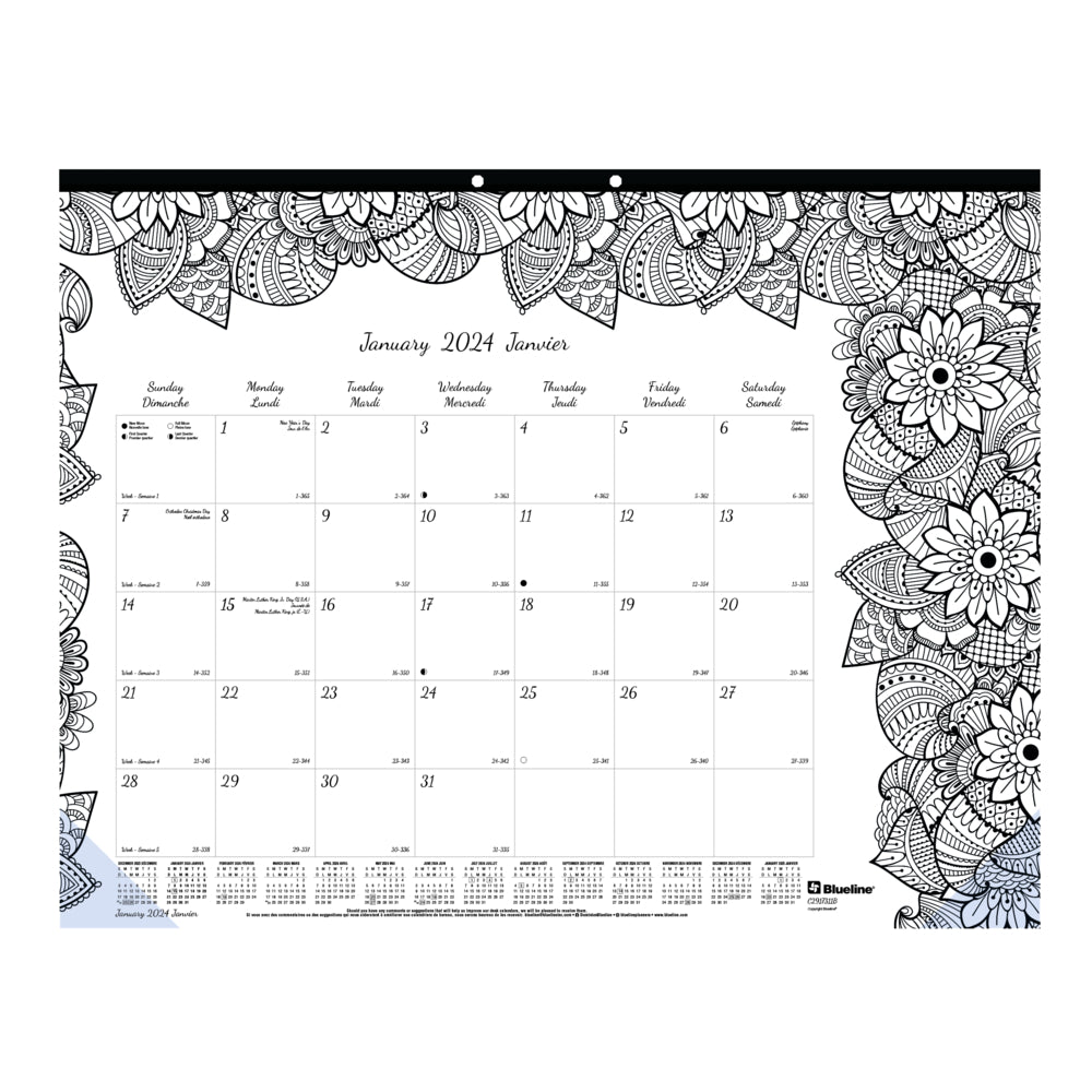 Image of Blueline 2024 DoodlePlan Colouring Monthly Desk Pad Calendar - 17" H x 22" W - Bilingual