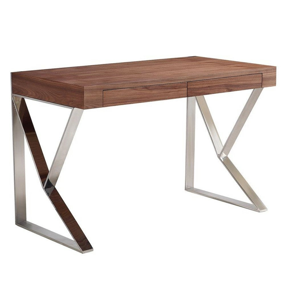Image of Plata Import Mac Desk Office Desk Writing Desk Wood Veneer With Stainless Steel Legs - Brown