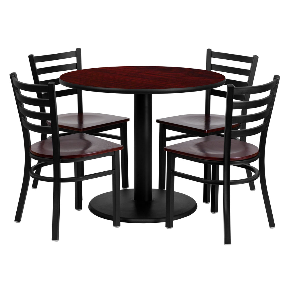 Image of Flash Furniture 36" Round Mahogany Laminate Table Set with 4 Ladder Back Metal Chairs - Mahogany Wood Seat