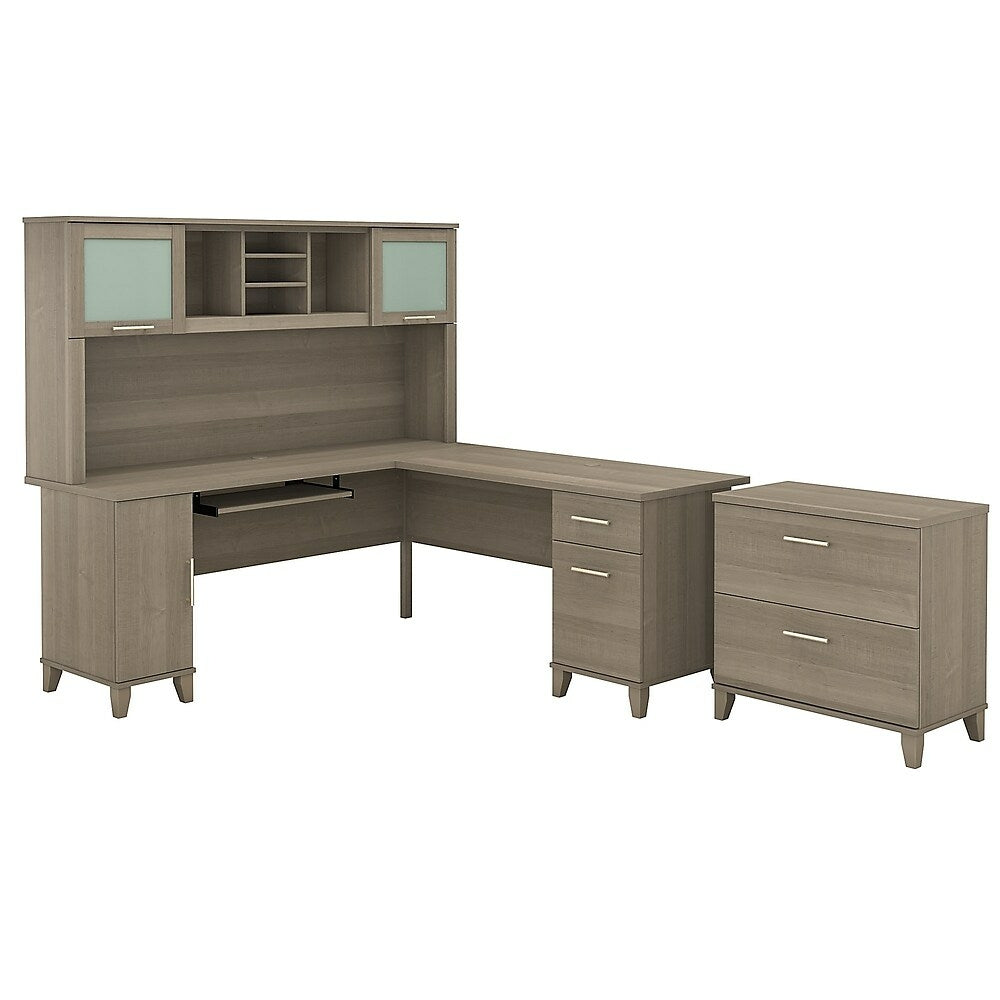 Image of Bush Furniture Somerset 72W L Shaped Desk with Hutch and Lateral File Cabinet, Ash Grey (SET009AG)