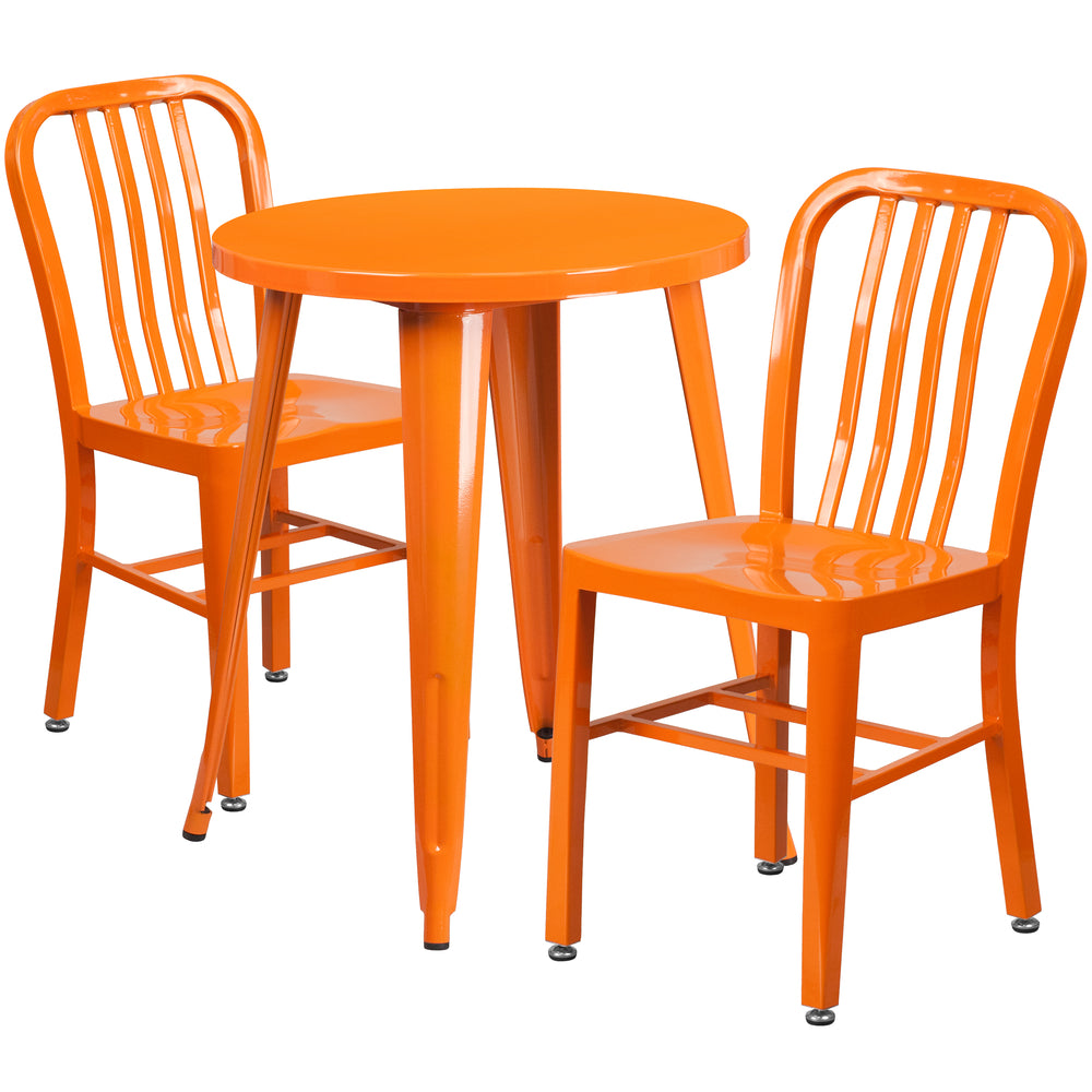 Image of 24" Round Orange Metal Indoor-Outdoor Table Set with 2 Vertical Slat Back Chairs [CH-51080TH-2-18VRT-OR-GG]