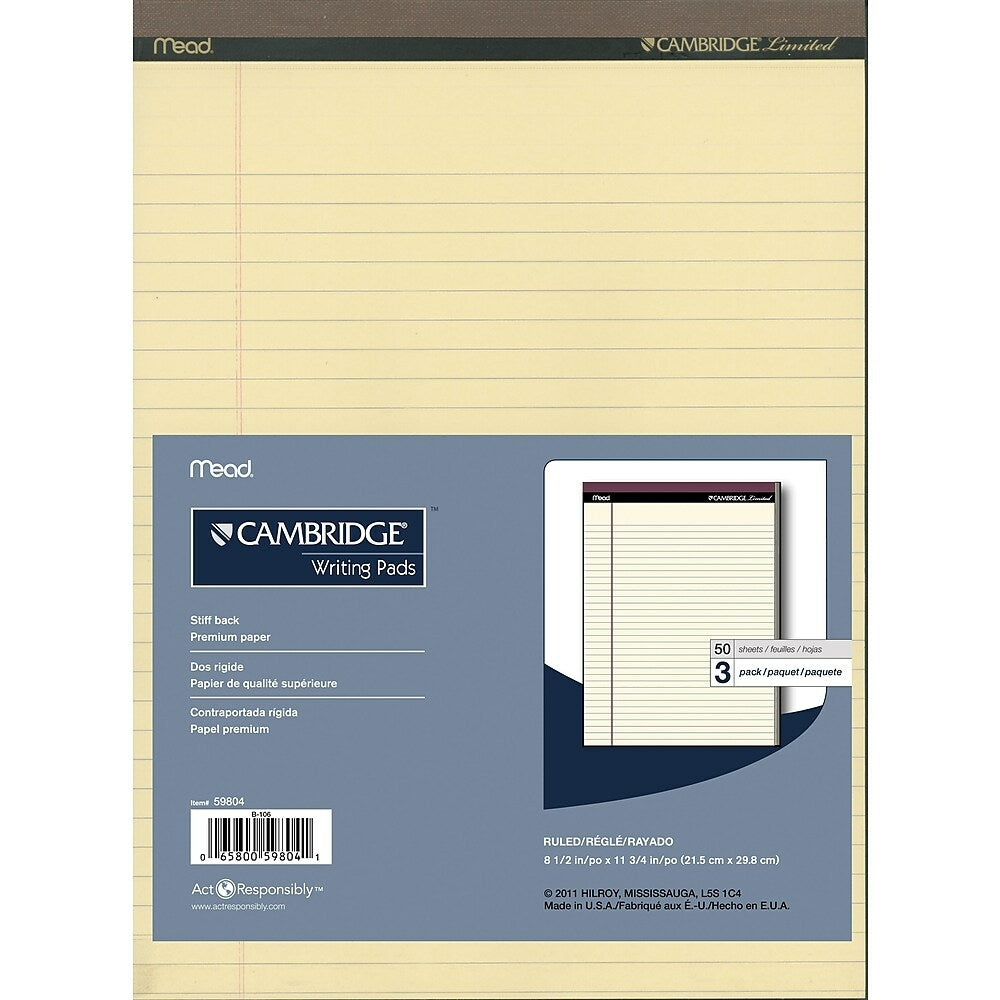 Image of Cambridge Perforated Pads, 8-1/2" x 11-3/4", Wide-Ruled, Ivory, 50 Sheets Per Pad, 3 Pack, Brown