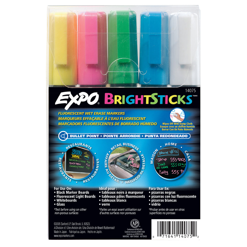 Image of Expo Bright Sticks Fluorescent Wet Erase Markers, Bullet Tip, Assorted, 5 Pack