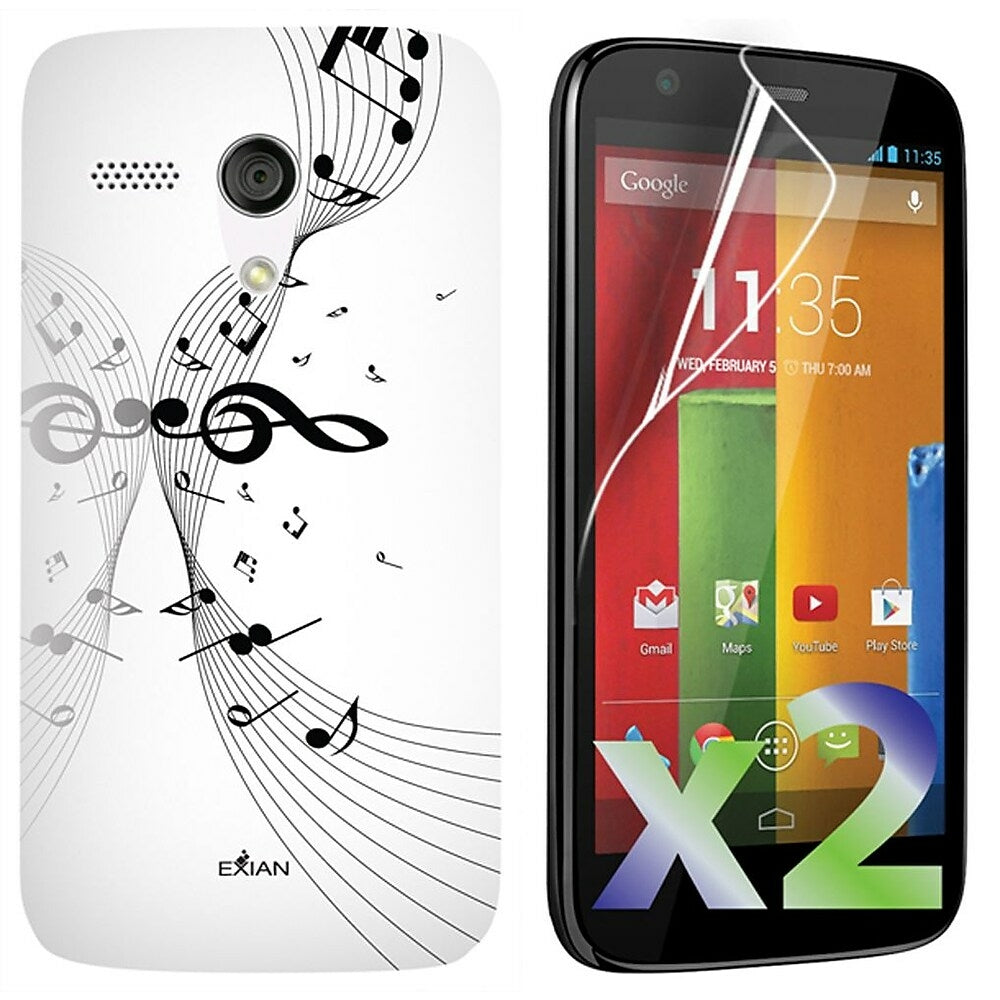 Image of Exian TPU Case and Screen Guards (2 Pack) for Motorola Moto G - Musical Notes on Staff, White