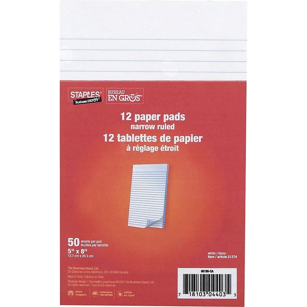 Staples Writing Pads Narrow Ruled White 5 X 8 50 Sheets 12 Pack Staples Ca