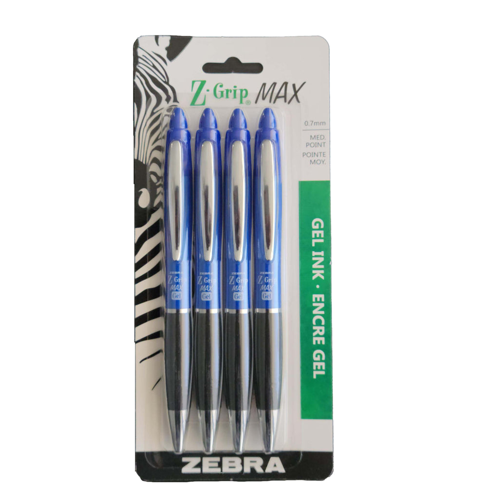Image of Zebra Z-Grip Max Gel Pens, Retractable, 0.7mm, Blue, 4 Pack