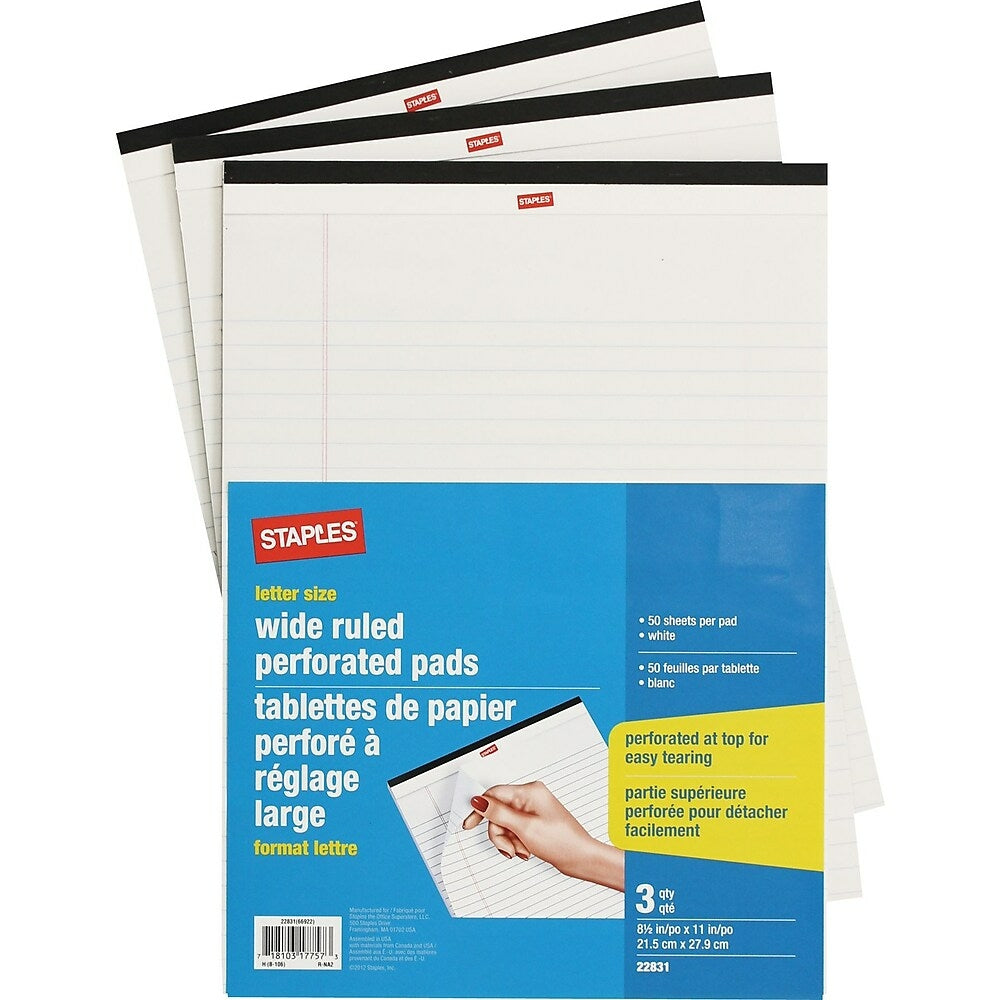 Image of Staples Perforated Wide Ruled Paper Pads - Letter Size - White - 8.5" x 11" - 50 Sheets - 3 Pack
