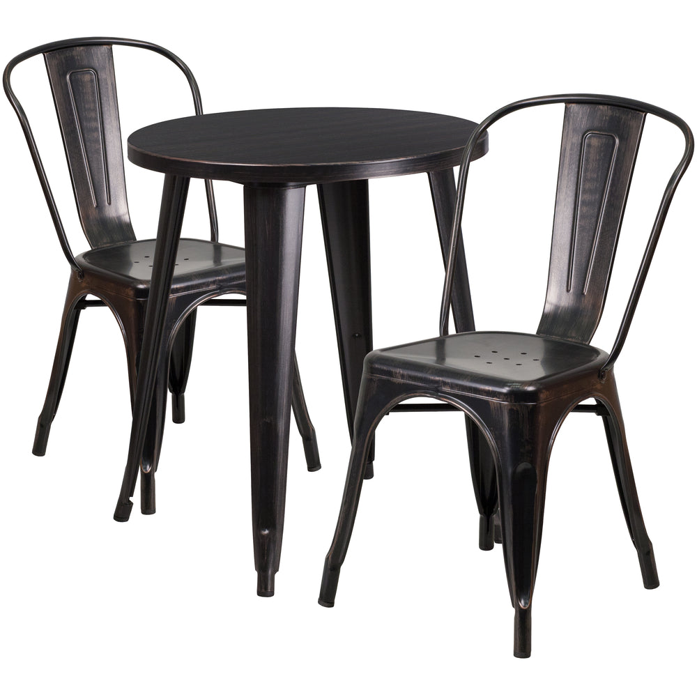 Image of 24" Round Black-Antique Gold Metal Indoor-Outdoor Table Set with 2 Cafe Chairs [CH-51080TH-2-18CAFE-BQ-GG]