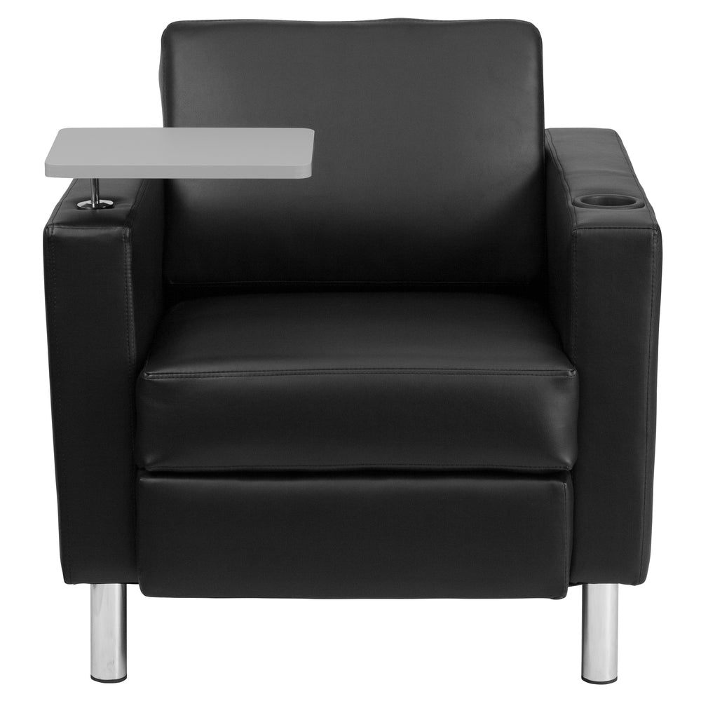 Image of Flash Furniture Black LeatherSoft Guest Chair with Tablet Arm, Tall Chrome Legs & Cup Holder