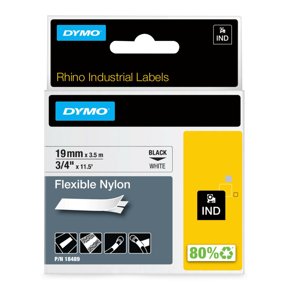 Image of DYMO Rhino Label Tape, 19mm (3/4") Black on White Nylon