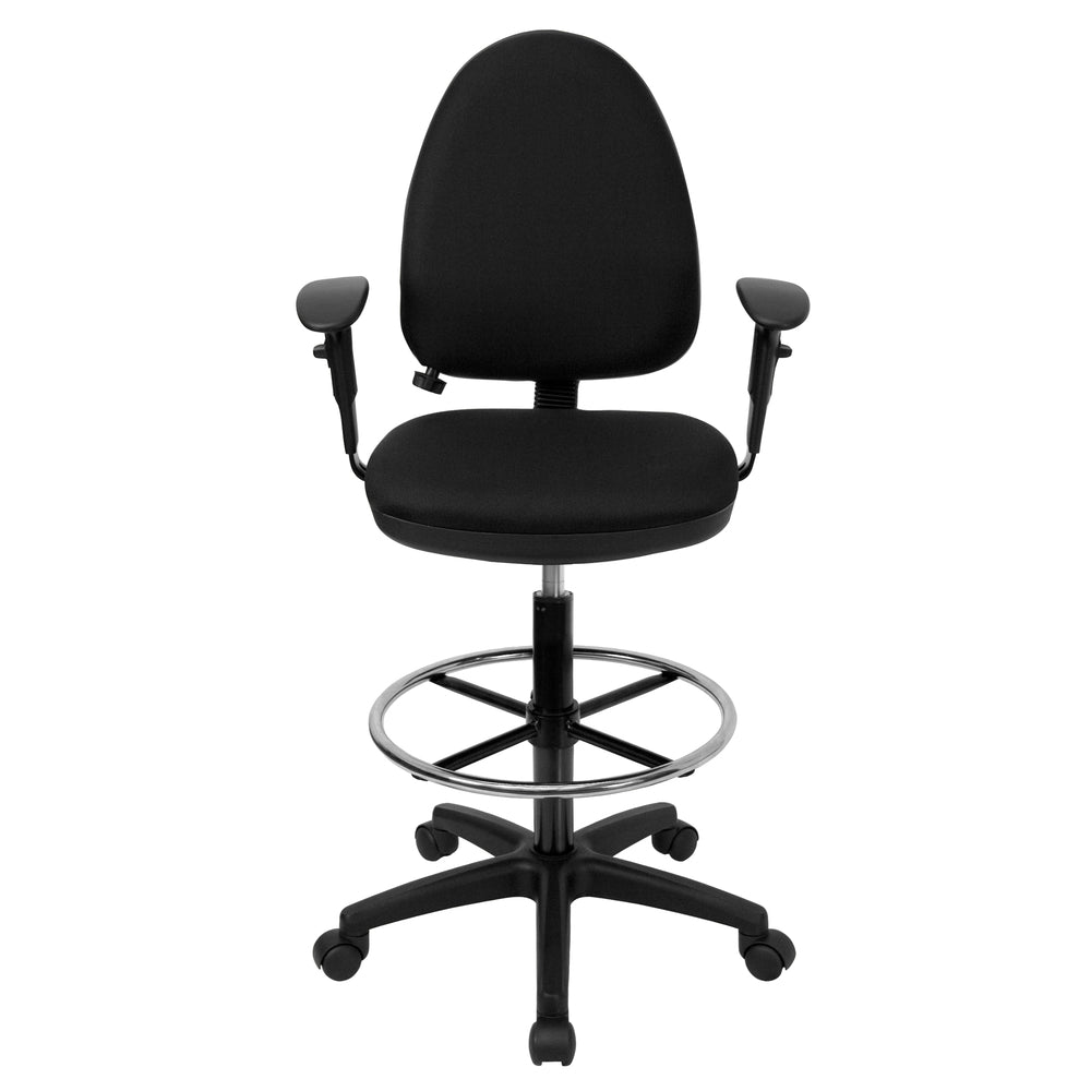 Image of Flash Furniture Mid-Back Black Fabric Multifunction Ergonomic Drafting Chair with Adjustable Lumbar Support & Arms