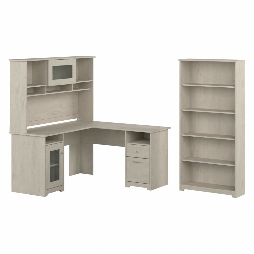 Image of Bush Furniture Cabot 60"W L-Shaped Computer Desk with Hutch and 5 Shelf Bookcase - Linen White Oak