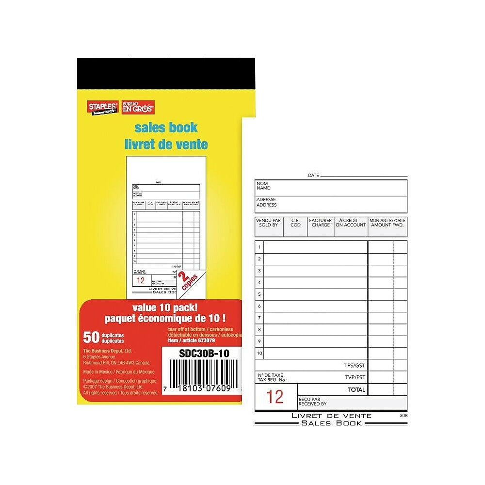 Image of Staples Bilingual Sales Book - 50 Duplicates - Carbonless - 3" x 7" - 10 Pack