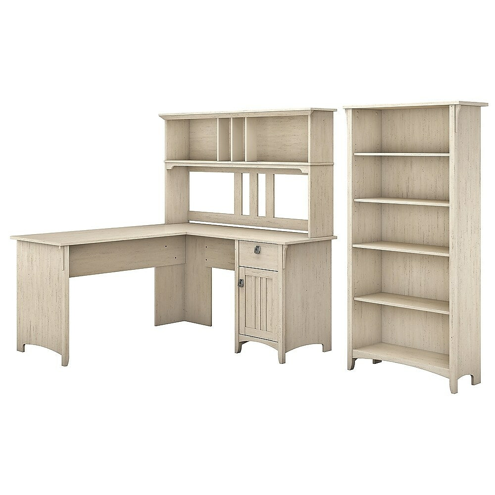 Image of Bush Furniture Salinas L-Shaped Desk with Hutch & 5 Shelf Bookcase - Antique White