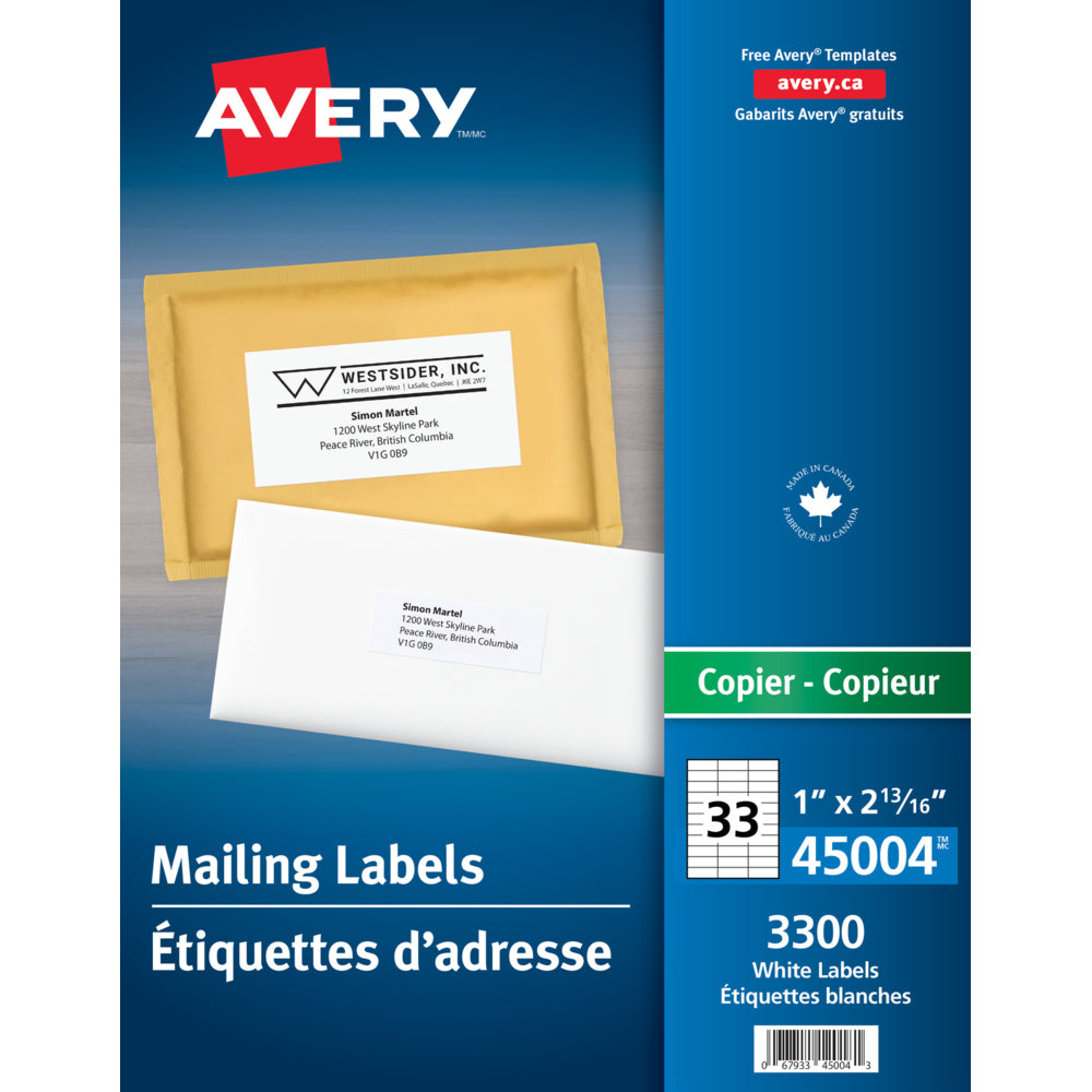 Image of Avery White Copier Address Labels, 2-13/16" x 1", 3300 Pack (45004)