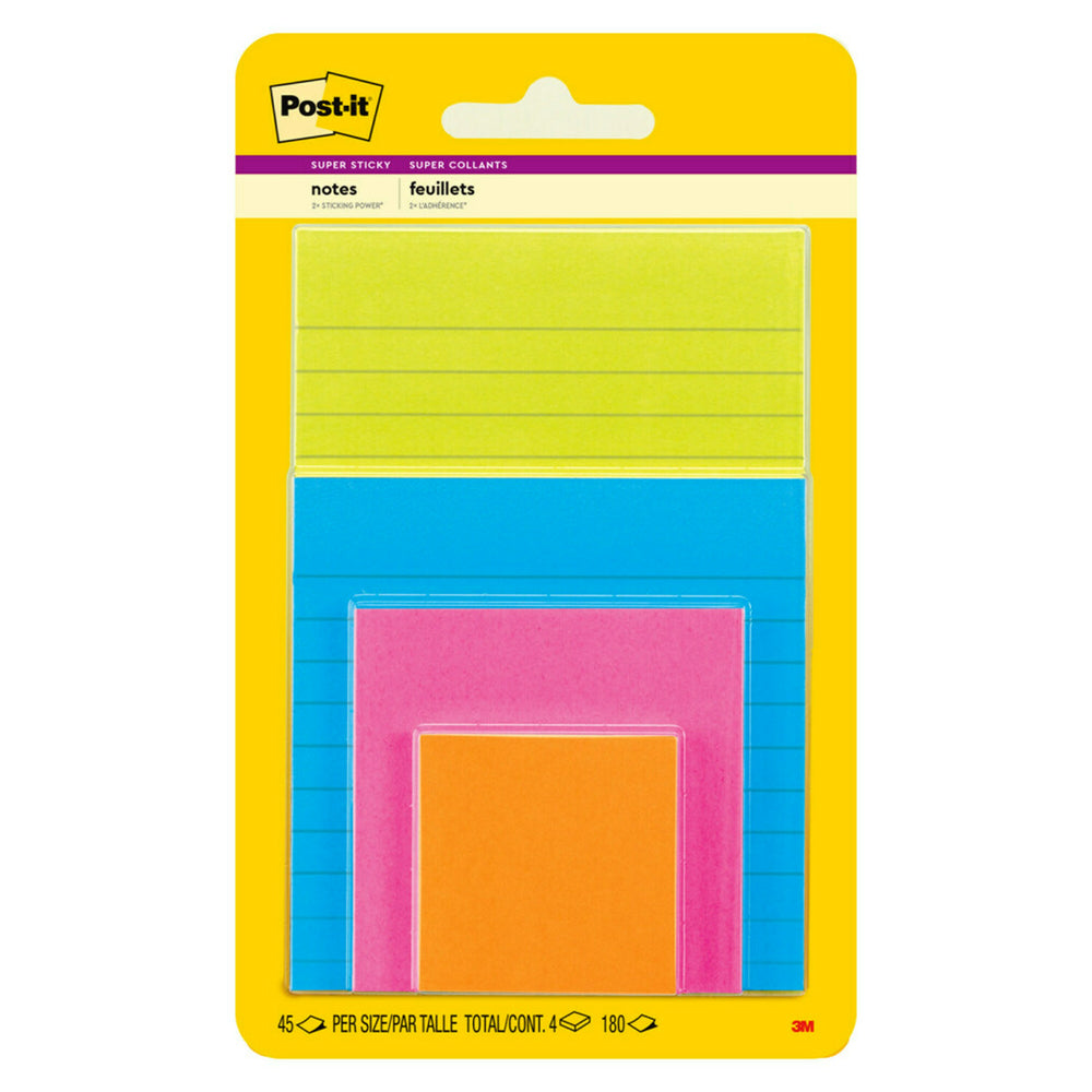 Image of Post-it Super Sticky Notes Combo Pack - Energy Boost Collection - Assorted Sizes - 4 Pack, Multicolour