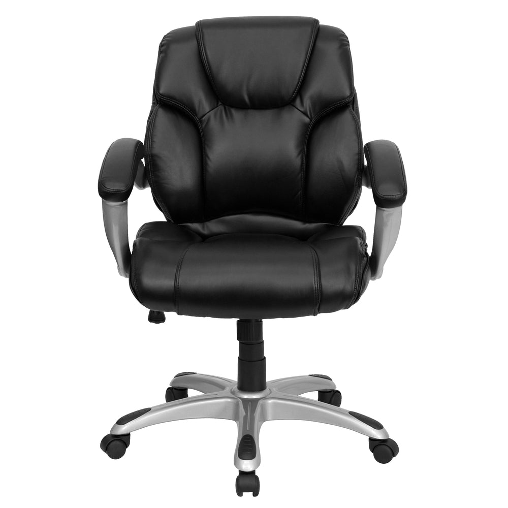 Image of Flash Furniture Mid-Back Navy Blue Fabric Multifunction Ergonomic Swivel Task Chair with Pillow Top Cushioning & Arms, Black