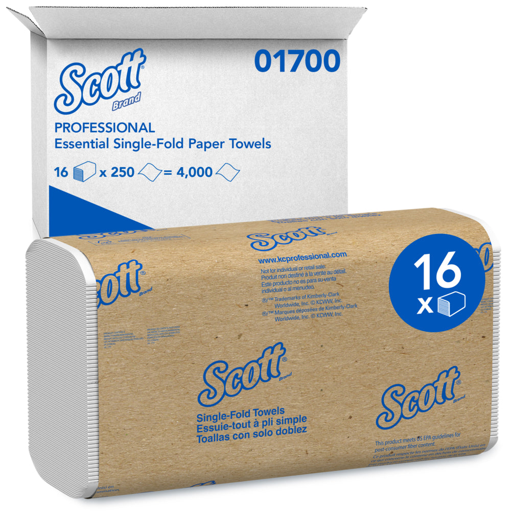 Image of Scott Essential Single Fold Paper Towels - 250 Towels Per Pack, 16 Packs per Case