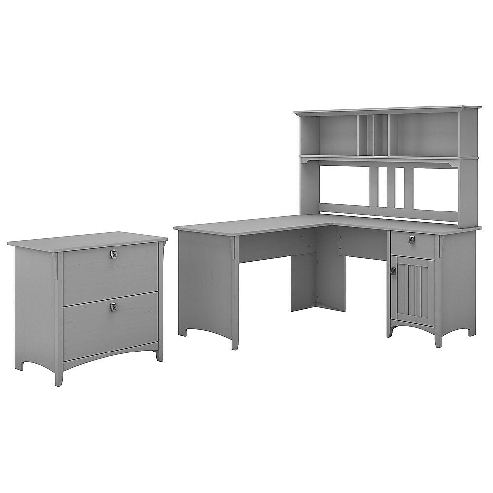 Image of Bush Furniture Salinas L-Shaped Desk with Hutch & Lateral File Cabinet - Cape Cod Grey