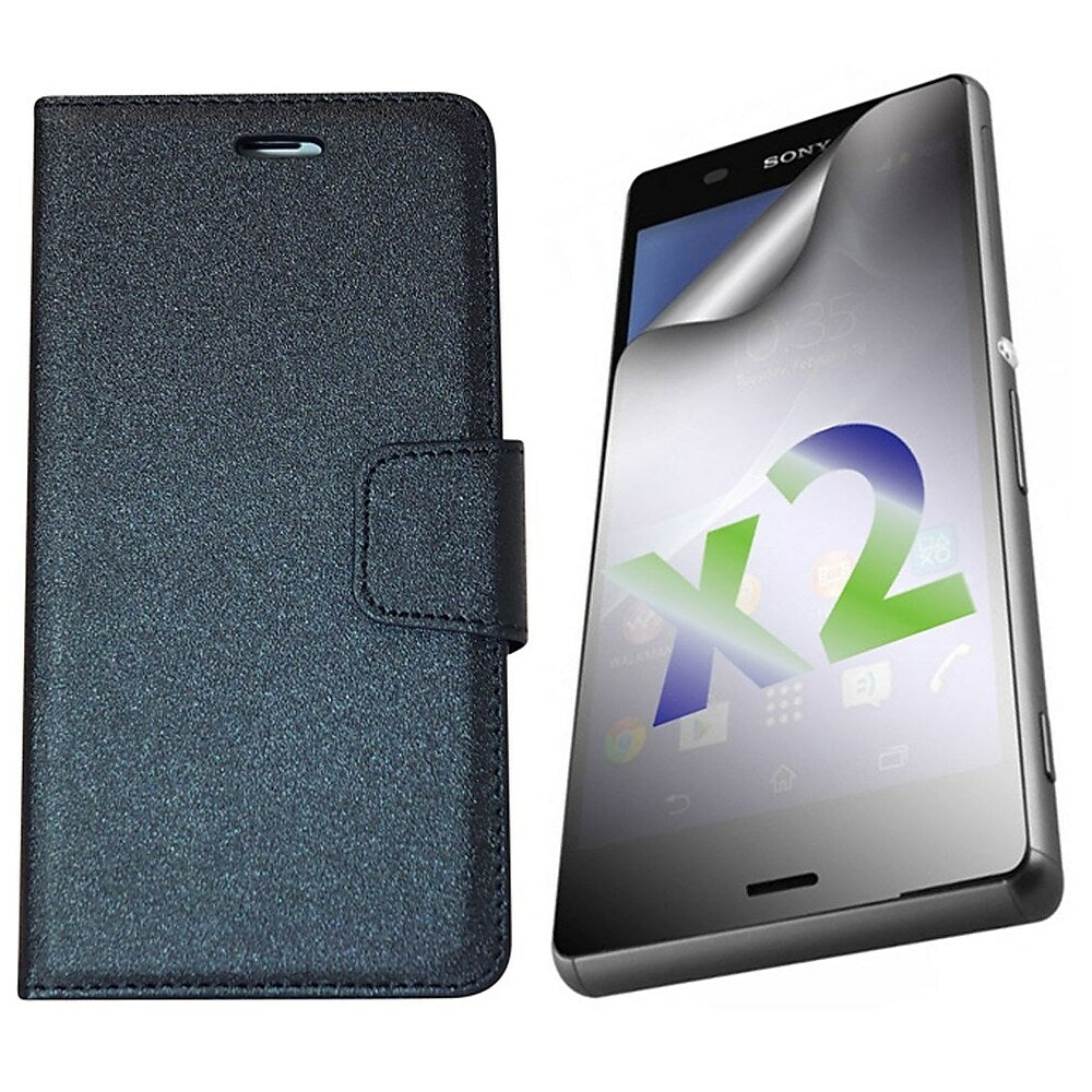 Image of Exian Textured Wallet Case and Screen Protectors (2 Pack) for Sony Xperia Z3 - Black