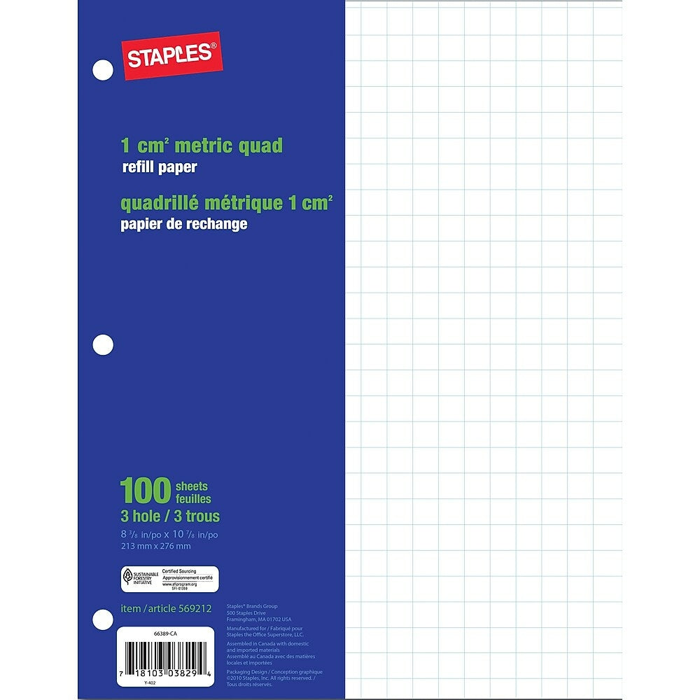 Image of Staples 1 cm Metric Quad Refill Paper - 8-3/8" x 10-7/8" - 100 Sheets