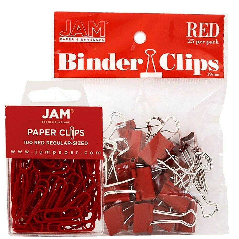 Image of JAM Paper Office Desk Supplies Bundle, Paper Clips & Binder Clips, Red (218334re)