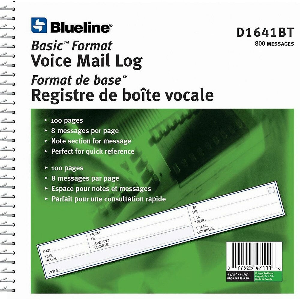 Image of Blueline Voice Mail Log Book, 8-7/16" x 8-1/4", 800 Messages, Bilingual