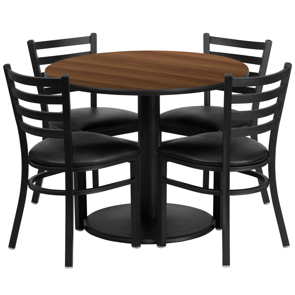 Image of Flash Furniture 36" Round Walnut Laminate Table Set with Round Base & 4 Ladder Back Metal Chairs - Black Vinyl Seat