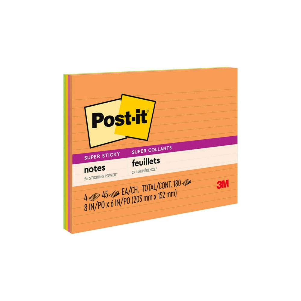 Image of Post-it Super Sticky Notes - 8" x 6" - Energy Boost Collection - Lined - 180 sheets - 4 Pack, Multicolour