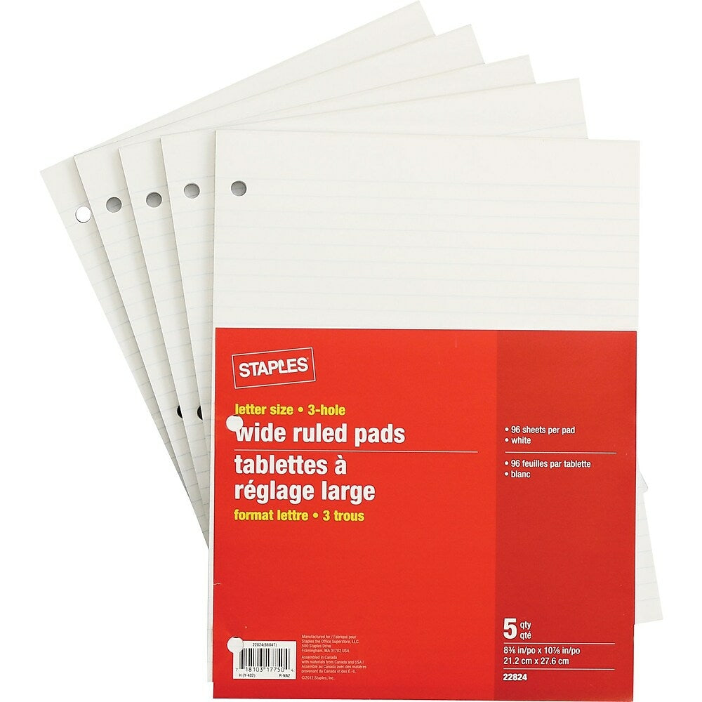 Image of Staples Letter Size Wide Ruled White Paper Pads - 96 Sheets - 3 Hole - 5 Pack