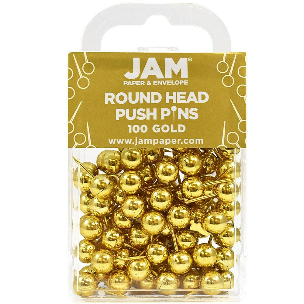 Image of JAM Paper Metal Thumb Tacks Push Pins, Round Top, Gold, 100 Pack (22432213)