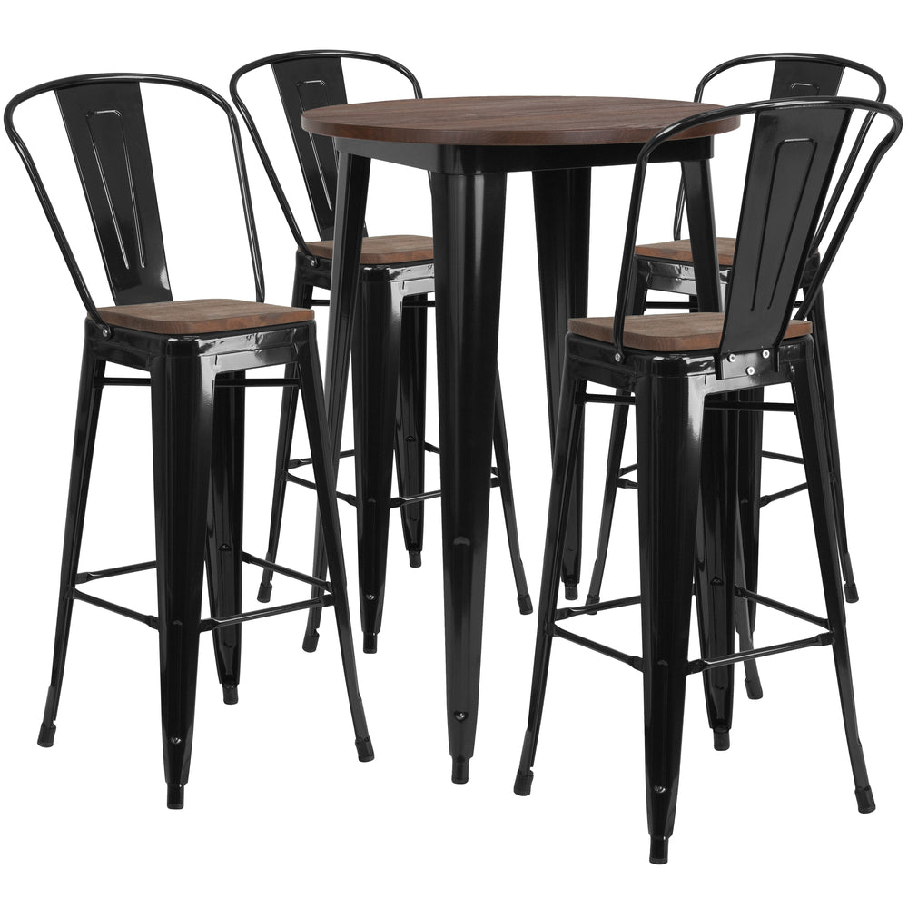 Image of Flash Furniture 30" Round Black Metal Bar Table Set with Wood Top & 4 Stools