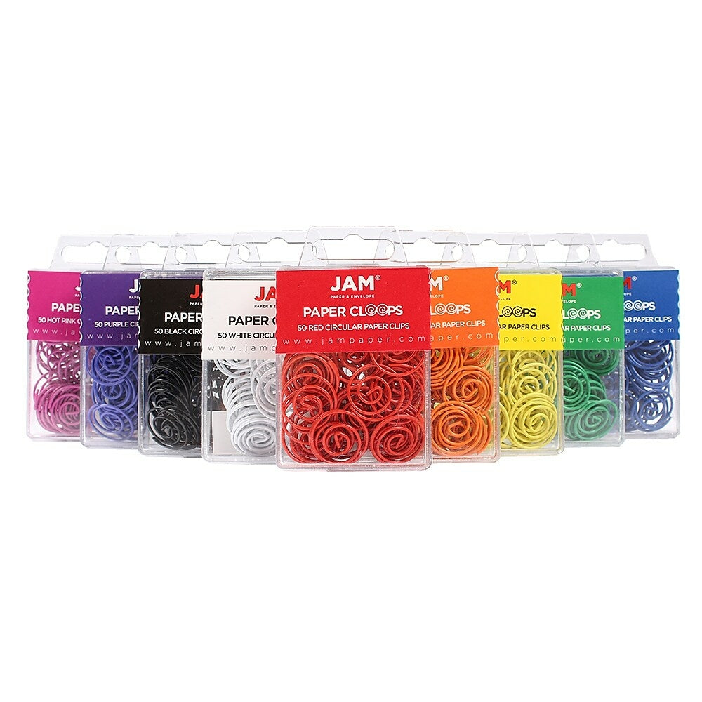 Image of JAM Paper Circular Coloured Papercloops, Assorted Round Paper Clips, 9 packs of 50 clips, 450 Pack (221812619)
