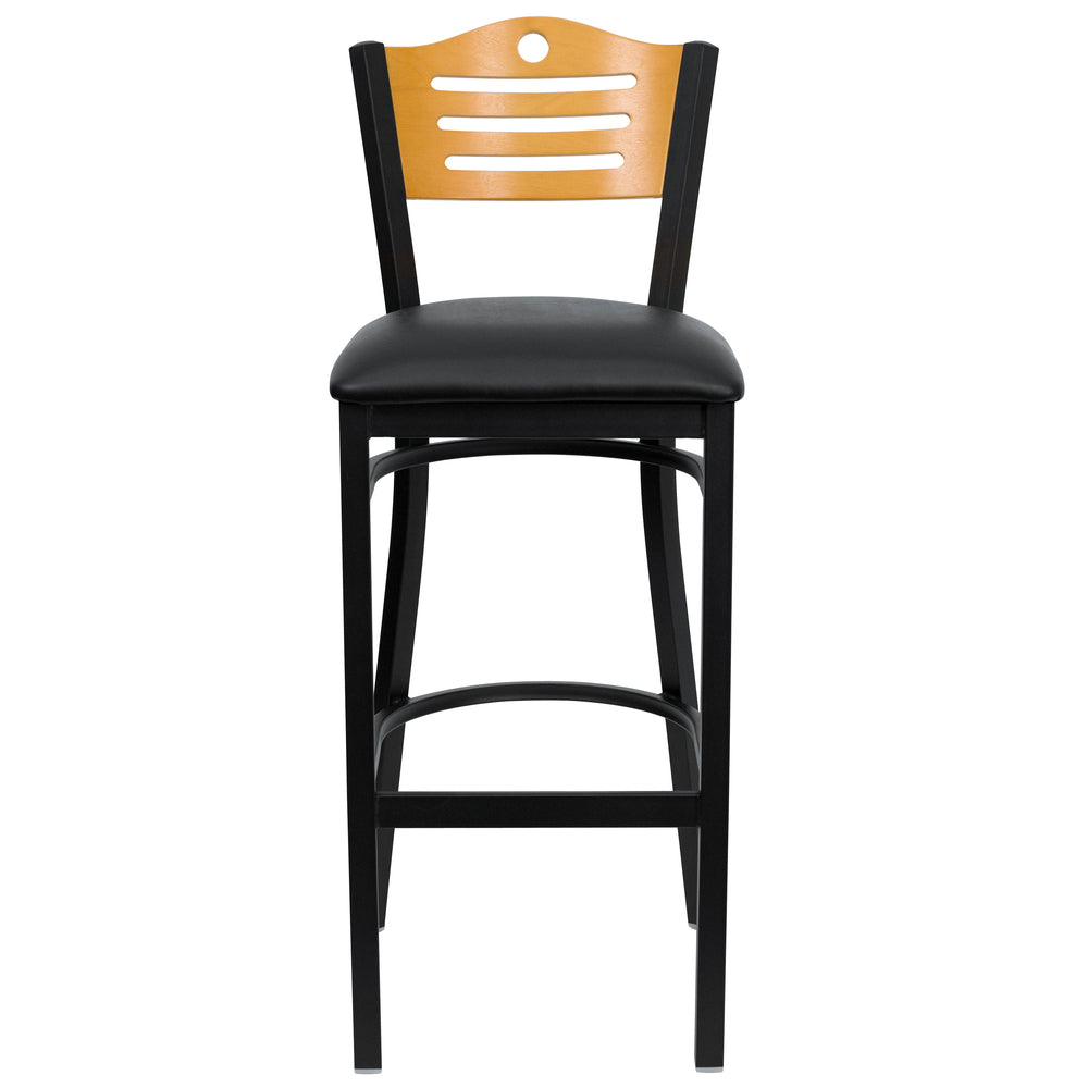 Image of Flash Furniture HERCULES Series Black Slat Back Metal Restaurant Barstool - Natural Wood Back, Black Vinyl Seat