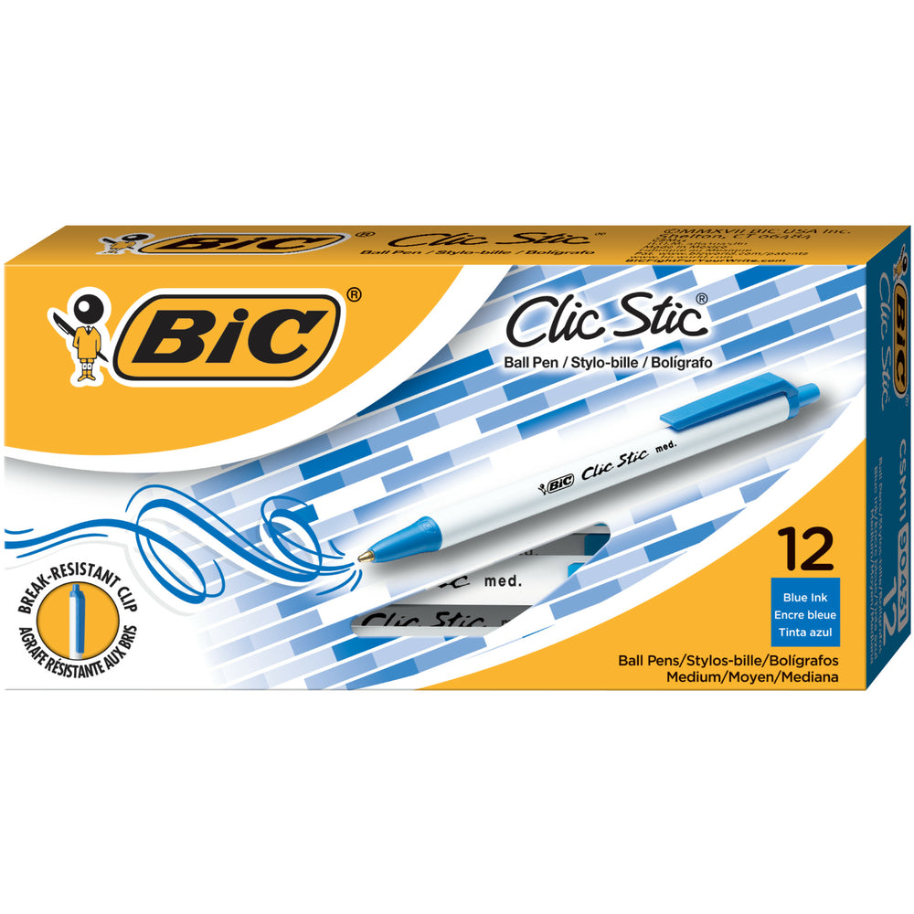 Image of BIC Clic Stic Ballpoint Pens, Retractable, 1.0mm, Blue, 12 Pack