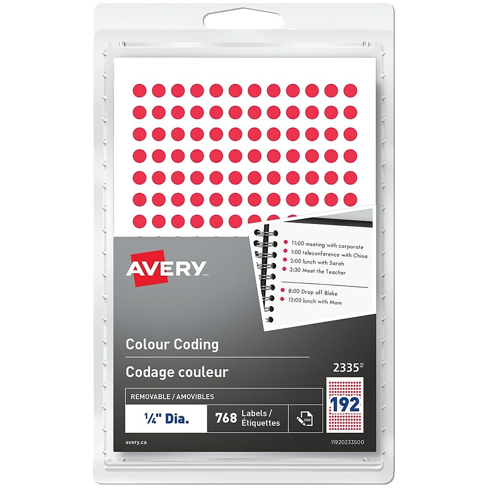 Image of Avery Print or Write Removable Colour-Coding Labels, 1/4" Round, Red, 768 Pack (2335)