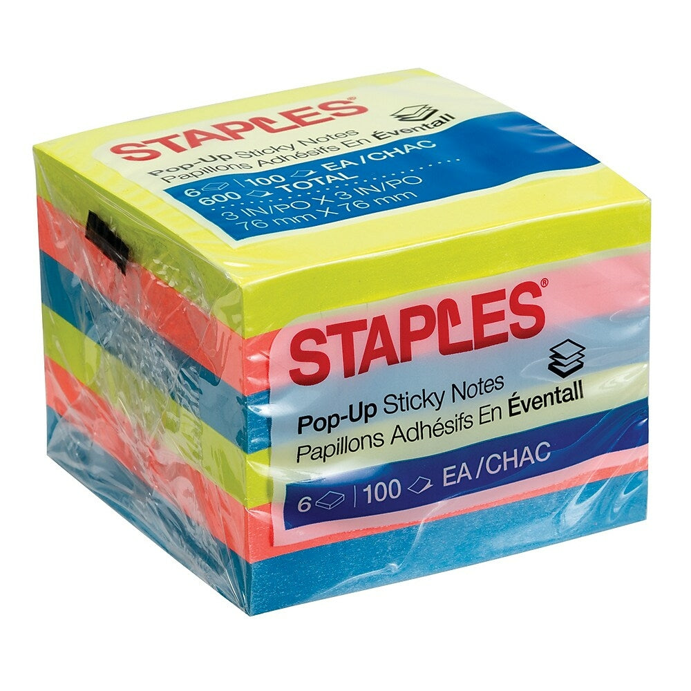 Image of Staples Stickies Pop-up Notes - 3" x 3" - Bright Colours, Multicolour