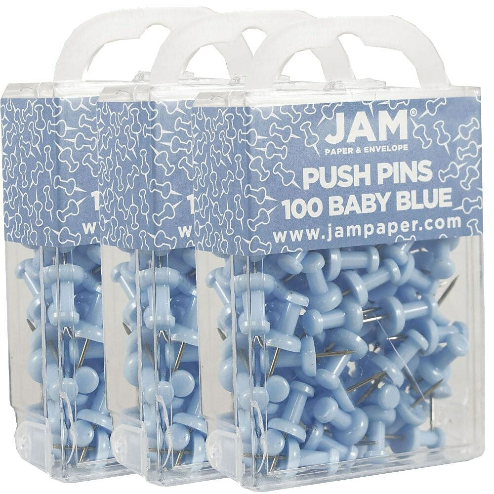 Image of JAM Paper Push Pins, Baby Blue Pushpins, 3 Packs of 100, 300 Total (222419047g)