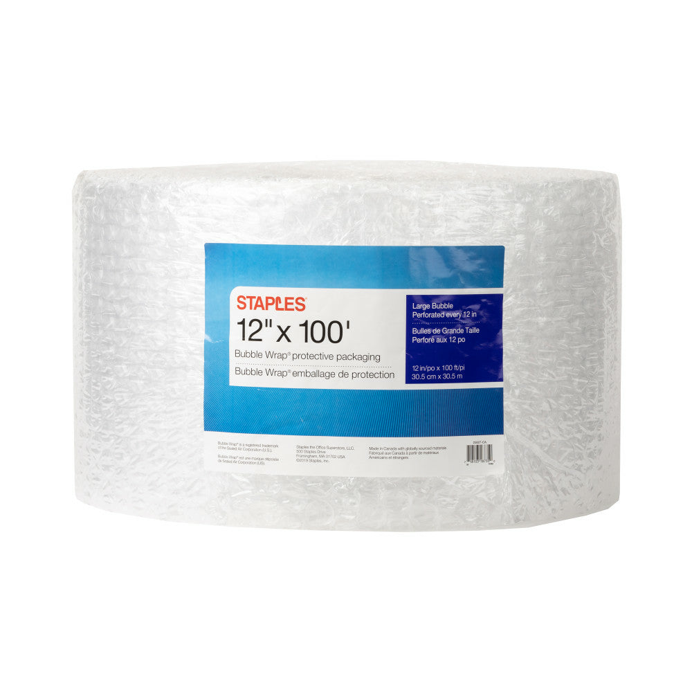 Image of Staples Premium Bubble Wrap Roll, 12" x 100', 5/16" Bubbles, Clear