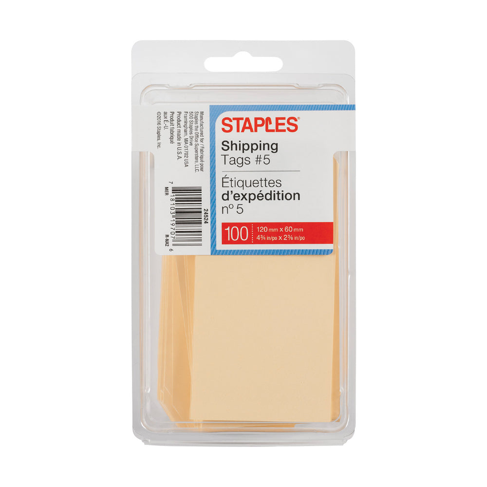 Image of Staples Plain Shipping Tags, 4-3/4" x 2-3/8", Manila, 100 Pack