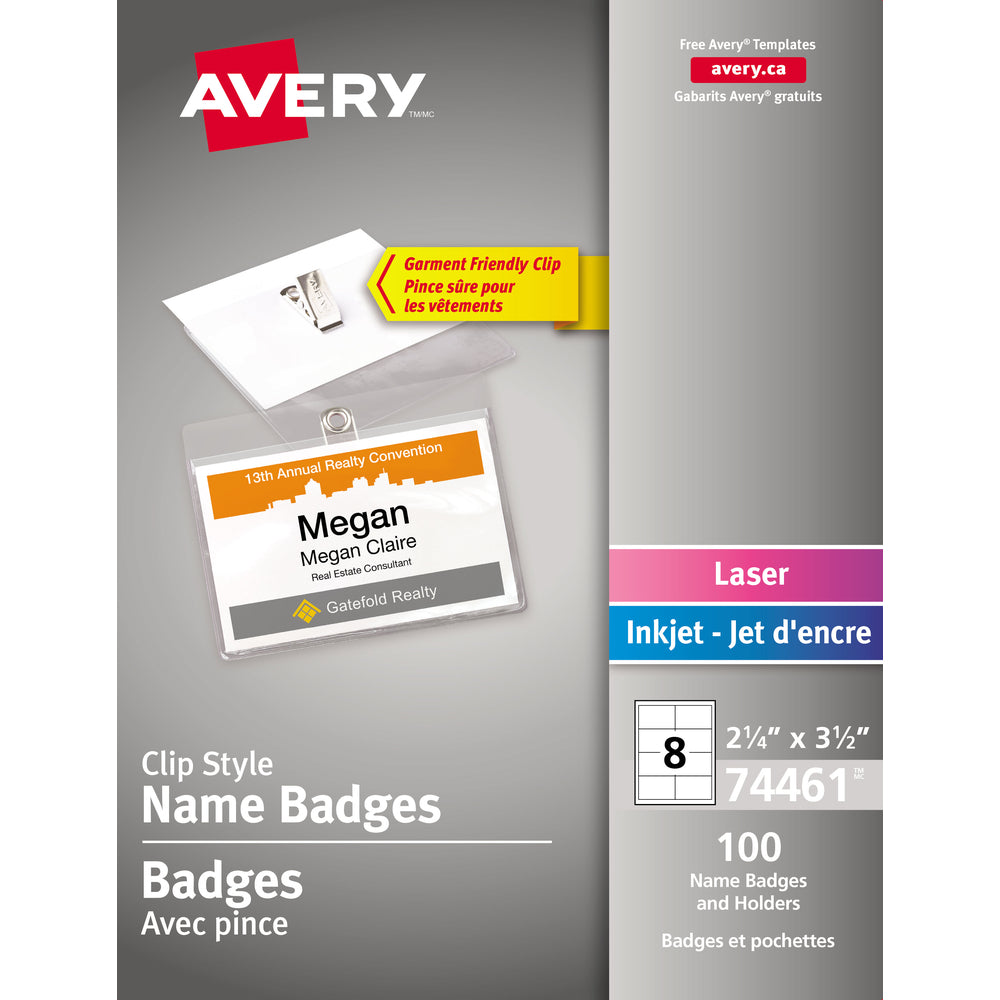 Image of Avery 74461 Garment Friendly Clip Style Name Badges 74461, 2-1/4" x 3-1/2", Top-Loading, White, 100 Pack