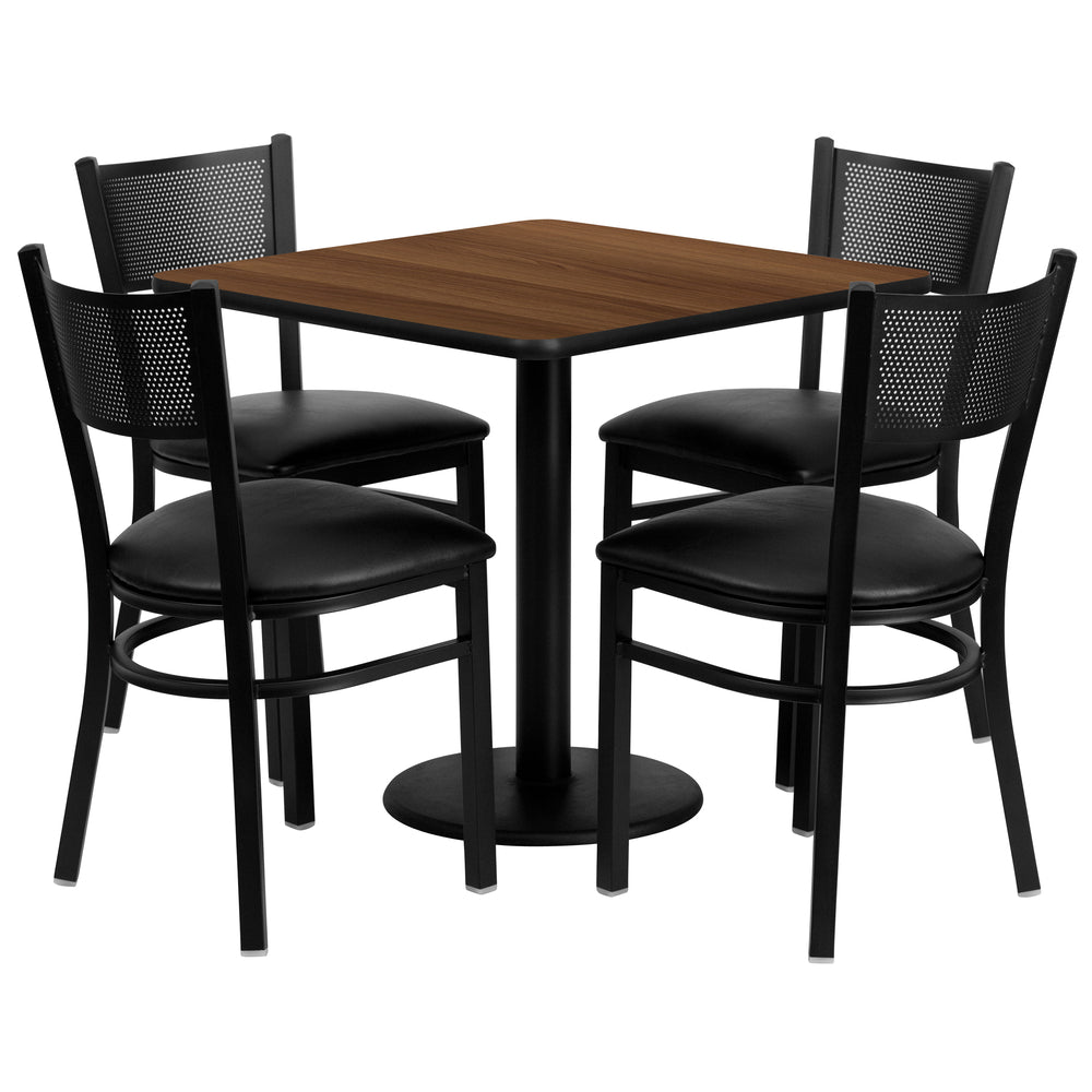 Image of Flash Furniture 30" Square Walnut Laminate Table Set with Round Base and 4 Grid Back Metal Chairs, Black Vinyl Seat