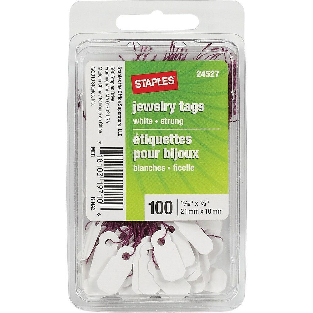 Image of Staples Jewellery Tags with String, 13/16" x 3/8", White, 100 Pack