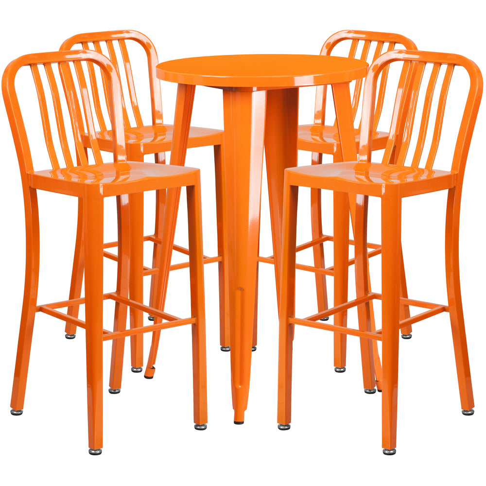 Image of 24" Round Orange Metal Indoor-Outdoor Bar Table Set with 4 Vertical Slat Back Barstools [CH-51080BH-4-30VRT-OR-GG]