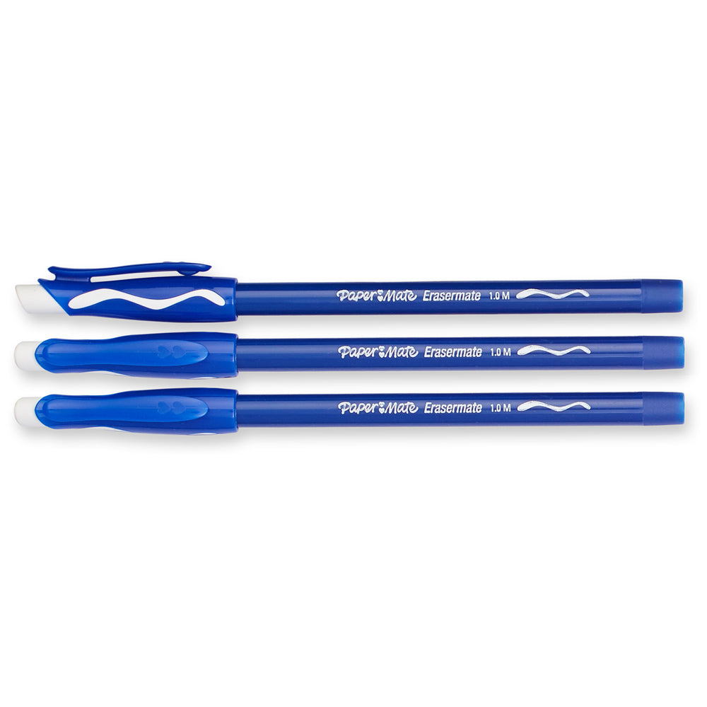 Image of Paper Mate Eraser Mate Ballpoint Pens - 1.0 mm - Blue - 3 Pack