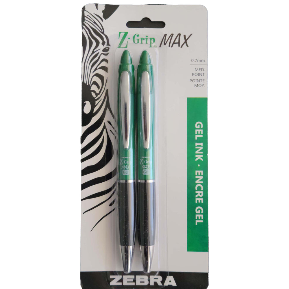 Image of Zebra Z-Grip Max Gel Pens, Retractable, 0.7mm, Green, 2 Pack