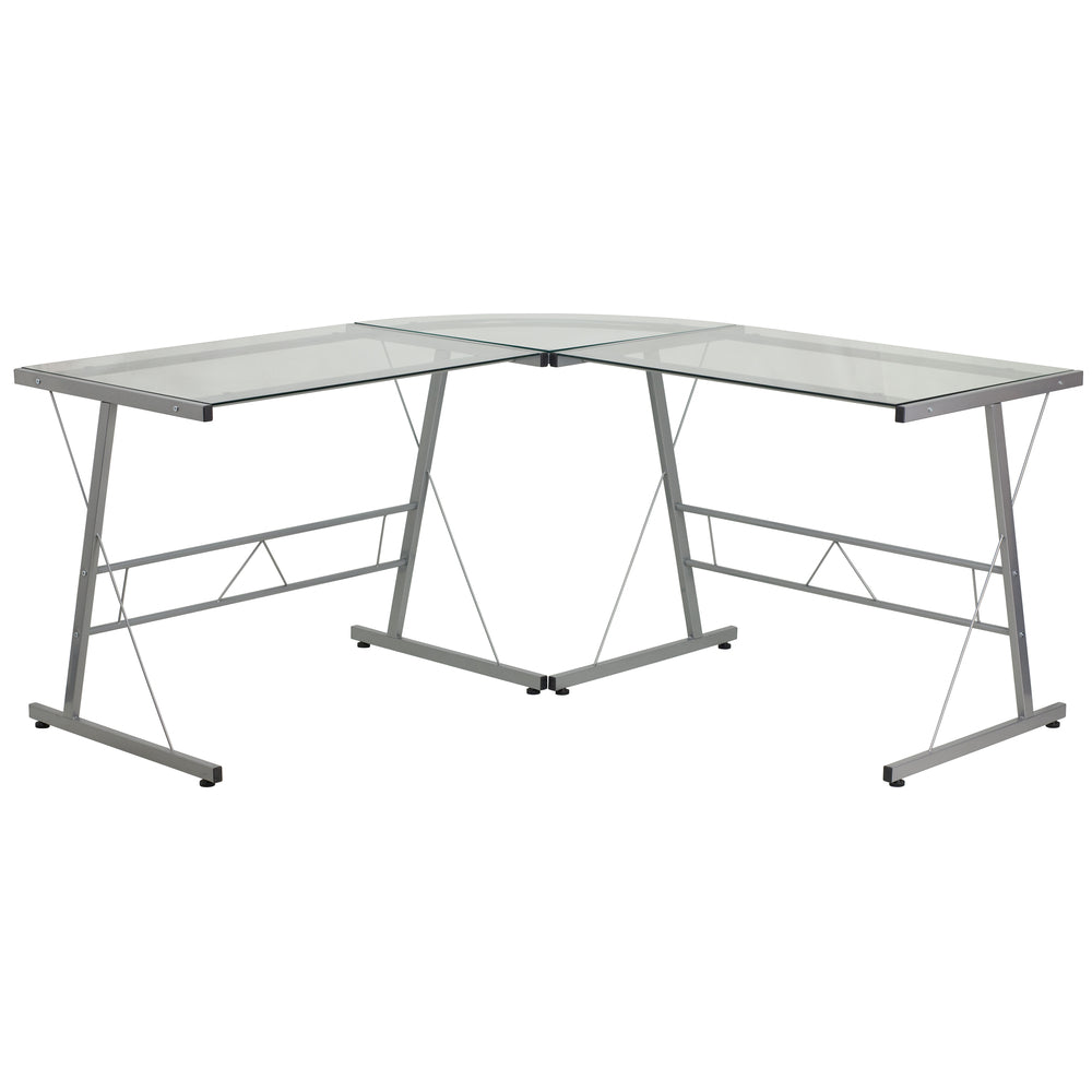 Image of Flash Furniture Glass L-Shape Computer Desk with Silver Metal Frame, Grey