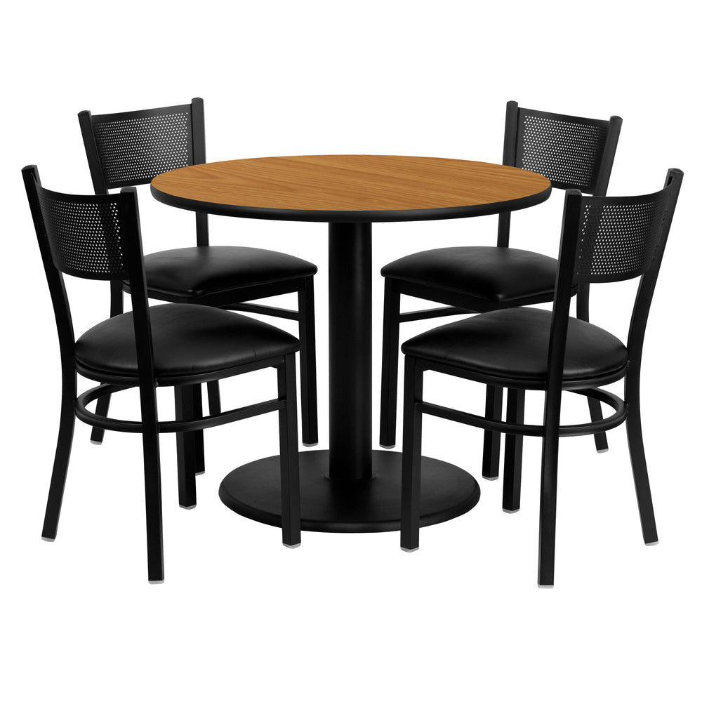 Image of Flash Furniture 36" Round Natural Laminate Table Set with Round Base and 4 Grid Back Metal Chairs, Black Vinyl Seat