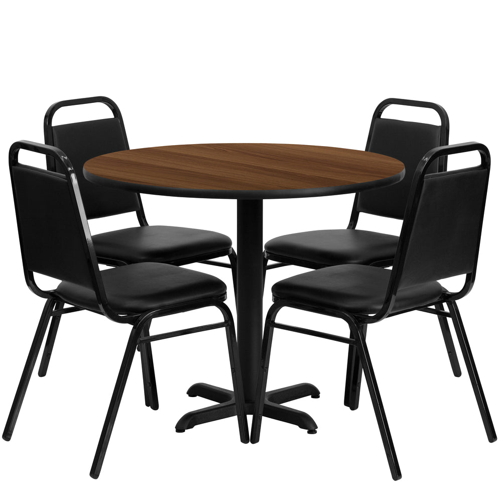 Image of Flash Furniture 36" Round Walnut Laminate Table Set with X-Base & 4 Black Trapezoidal Back Banquet Chairs
