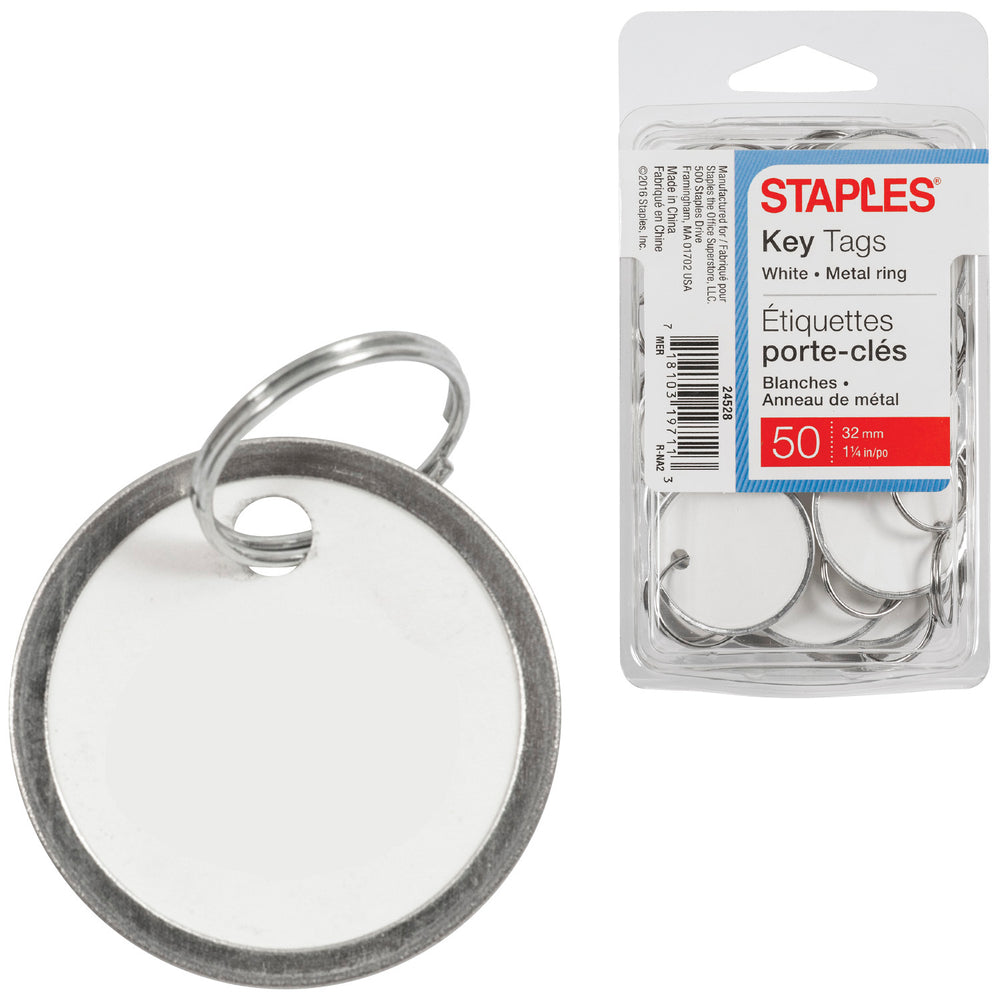 Image of Staples Key Tags with Metal Ring - 1-1/4" - White - 50 Pack